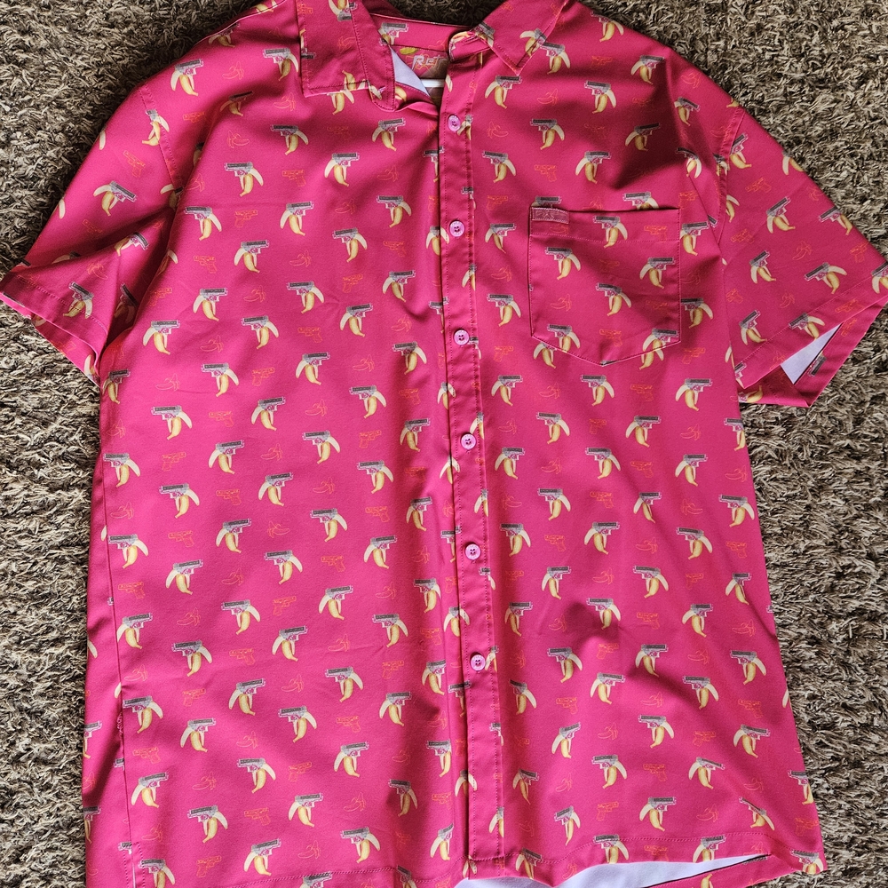 Retro Rifle Organic Glock Vibrant Pink Short Sleeve Shirt with Pattern